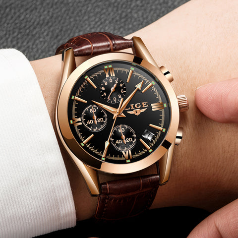 LIGE Watch Men Sport Quartz Fashion Leather Clock Mens Watch