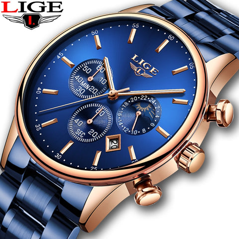 LIGE New Blue Quartz Watch Men Fashion Business Waterproof All Steel Clock Male Big Dial Date watch