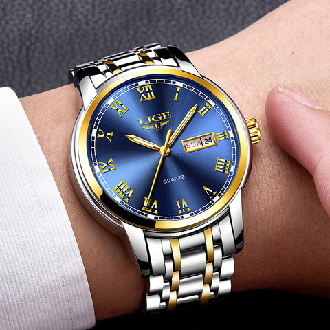 Watches Mens LIGE Brand Top Luxury All Steel Men Wristwatch Waterproof Date Week Dial Watch+Box