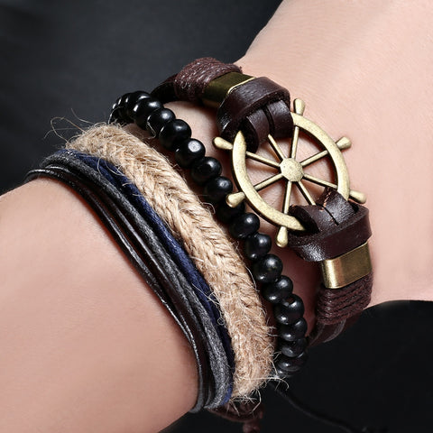 HI MAN Vintage Punk Multilayer Leather Bracelet For Men with Zinc Alloy