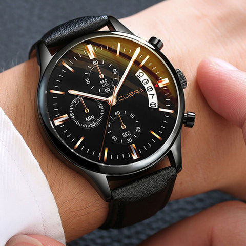 Men Fashion Sport Stainless Steel Case Leather Band Watch Quartz Business Wristwatch
