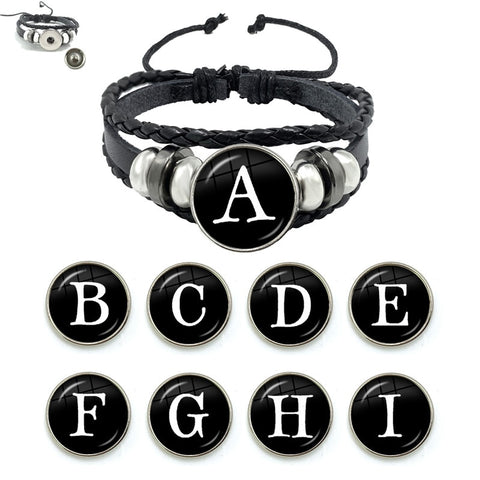 26 Letter Bracelet Personality Team Name Rope Bracelet Black Button Leather bracelet