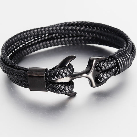 High Quality Black Personality Leather Woven Anchor Leather Rope Bracelet For Men